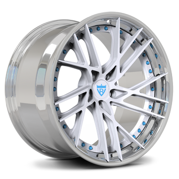 Custom forged 2-piece wheels with silver finish and blue accents, perfect for Tesla Model 3 and other vehicles.